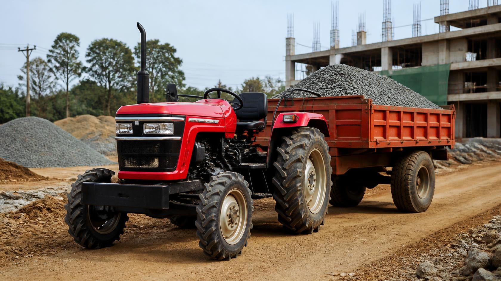 Tractor with trolley transporting construction materials